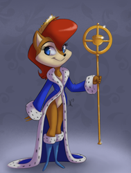 Size: 1000x1323 | Tagged: safe, artist:shrewgirl, sally acorn, crown, looking offscreen, robe, scepter