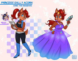 Size: 1713x1353 | Tagged: safe, artist:danee313, nicole the hololynx, sally acorn, blaster, gown, redesign