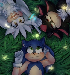 Size: 1340x1430 | Tagged: safe, artist:gamergirl10272, shadow the hedgehog, silver the hedgehog, sonic the hedgehog, nighttime, redraw
