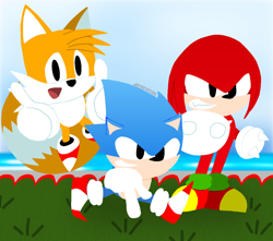 Size: 1220x1080 | Tagged: safe, artist:derocrossdx, knuckles the echidna, miles "tails" prower, sonic the hedgehog, daytime, ocean, team sonic, thumbs up