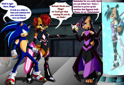 Size: 1280x875 | Tagged: safe, artist:megaforcered, nicole the hololynx, phage, sally acorn, sonic the hedgehog, dialogue, healing tank