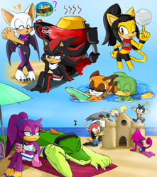 Size: 1244x1410 | Tagged: safe, artist:biko97, bean the dynamite, charmy bee, e-123 omega, espio the chameleon, honey the cat, marine the raccoon, mighty the armadillo, ray the flying squirrel, rouge the bat, shadow the hedgehog, storm the albatross, vector the crocodile, wave the swallow, beach, everyone is here, parasol, sandcastle, sketch page, swimsuit