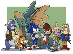 Size: 1595x1200 | Tagged: safe, artist:donkeyinthemiddle, antoine d'coolette, bunnie rabbot, dulcy the dragon, miles "tails" prower, rotor walrus, sally acorn, sonic the hedgehog, goggles, scarf, sword