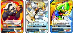 Size: 1815x837 | Tagged: safe, artist:rikdraws, dr. starline, tangle the lemur, tekno the canary, card, card game, featured image, tangle's running suit, warp topaz