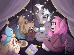 Size: 1280x960 | Tagged: safe, artist:oyasumilunachan, amy rose, cheese (chao), cream the rabbit, tangle the lemur, whisper the wolf, chao, chips, cookie, flashlight, group, one fang, plate
