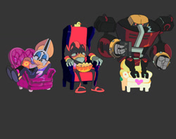 Size: 1280x1015 | Tagged: safe, artist:penbee, e-123 omega, rouge the bat, shadow the hedgehog, duck, rouge's heart top, sitting, team dark