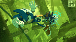 Size: 5835x3282 | Tagged: safe, artist:digimin, shadow the hedgehog, sonic the hedgehog, chaos emerald, green forest, vine swinging