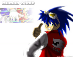 Size: 1024x796 | Tagged: safe, artist:may shing, sonic the hedgehog, human, from behind, humanized, thumbs up