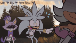 Size: 1280x720 | Tagged: suggestive, artist:lettuce, blaze the cat, rouge the bat, silver the hedgehog, angry, animated, blaze the flat, blushing, bouncing breasts, busty rouge, dialogue, gif, panicking