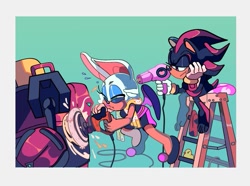 Size: 923x686 | Tagged: safe, artist:penbee, e-123 omega, rouge the bat, shadow the hedgehog, hair dryer, hairdressing, rubber duckie, team dark