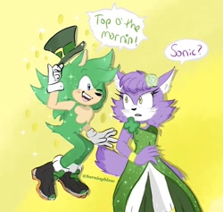 Size: 1110x1052 | Tagged: safe, artist:burningblaze, blaze the cat, irish the hedgehog, cat, hedgehog, dialogue, duo, gradient background, hat, looking at each other, wink