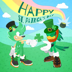 Size: 1440x1440 | Tagged: artist needed, safe, sonic twitter, froggy, irish the hedgehog, jet the hawk, daytime, four leaf clover, rainbow, st.patrick's day