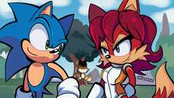 Size: 1920x1080 | Tagged: safe, artist:kitarehamakura, fiona fox, miles "tails" prower, sonic the hedgehog, daytime, looking at each other, soniona