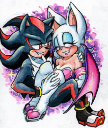 Size: 1024x1206 | Tagged: safe, artist:viciousbutprecious, rouge the bat, shadow the hedgehog, eyes closed, one fang, shadouge, shipping, straight