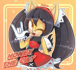 Size: 1920x1767 | Tagged: safe, artist:faburinrin, honey the cat, devil horns (gesture), one fang, watermark, wink