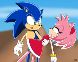 Size: 938x756 | Tagged: safe, artist:adventure-14, amy rose, sonic the hedgehog, looking at each other, style emulation