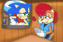 Size: 1024x683 | Tagged: safe, artist:classicsonicsatam, nicole the handheld, sally acorn, sonic the hedgehog, daytime, looking at each other, mouth hold, rose, shipping, sonally, straight