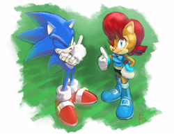 Size: 3300x2550 | Tagged: safe, artist:adam bryce thomas, sally acorn, sonic the hedgehog, thumbs up, wagging finger, wink