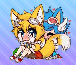 Size: 1173x1000 | Tagged: safe, artist:dare2dreammedia, miles "tails" prower, sonic the hedgehog, human, blushing, chaos emerald, chibi, gay, goggles, humanized, shipping, sonic x tails