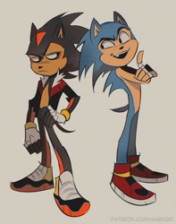 Size: 781x990 | Tagged: safe, artist:marsoids, shadow the hedgehog, sonic the hedgehog, looking at each other