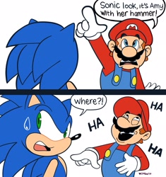 Size: 1923x2048 | Tagged: safe, artist:domestic maid, sonic the hedgehog, hedgehog, human, comic, crossover, dialogue, duo, english text, featured image, laughing, looking back, mario, nervous, parody, pointing, sega nintendo rivalry, signature, simple background, speech bubble, sweatdrop, toy story, white background