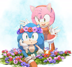 Size: 2383x2230 | Tagged: safe, artist:msg02, amy rose, sonic the hedgehog, amy x sonic, daytime, flower, shipping