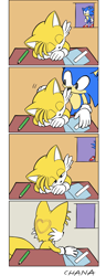 Size: 920x2405 | Tagged: safe, artist:tailchana, miles "tails" prower, sonic the hedgehog, comic, edit, heart, sleeping, sonabetes, stitched