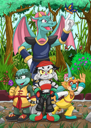 Size: 2000x2800 | Tagged: safe, artist:theartsypuffin, bunker the tortoise, cinder the pheasant, dulcy the dragon, jian the tiger, shijin warriors, butterfly, daytime, flower, forest, hands on hips, looking at viewer, waving