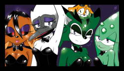 Size: 1215x699 | Tagged: safe, artist:pink-like-candy, abyss the squid, clove the pronghorn, conquering storm, nephthys the vulture, thunderbolt the chinchilla, bunny girl outfit, looking at viewer