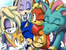 Size: 1024x784 | Tagged: safe, artist:risziarts, antoine d'coolette, bunnie rabbot, dulcy the dragon, miles "tails" prower, rotor walrus, sally acorn, sonic the hedgehog, eyes closed, featured image, group hug, hugging, looking at each other