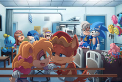 Size: 2400x1600 | Tagged: safe, artist:glitcher, antoine d'coolette, bunnie rabbot, rosie woodchuck, rotor walrus, sally acorn, sonic the hedgehog, uncle chuck, chao, flower, hospital, stuffed animal