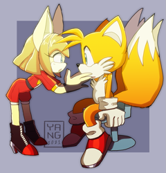 Size: 799x831 | Tagged: safe, artist:yangharmony, miles "tails" prower, oc, oc:iya robotnik, looking at each other
