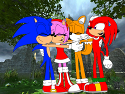 Size: 4009x3007 | Tagged: safe, artist:tomsterthesecond, amy rose, knuckles the echidna, miles "tails" prower, sonic the hedgehog, group hug, hugging, screenshot background