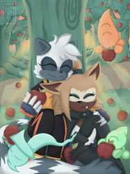 Size: 1280x1707 | Tagged: safe, artist:oyasumilunachan, tangle the lemur, whisper the wolf, wisp, apple, duo, eyes closed, females only, fingerless gloves, forest, hand on shoulder, lesbian, one fang, shipping, smile, tangle x whisper, tangle's running suit, under a tree