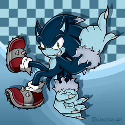 Size: 1280x1280 | Tagged: safe, artist:metal-cosxart, sonic the hedgehog, checkered background, pointing, solo, werehog