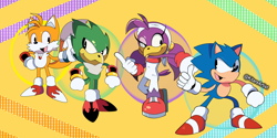 Size: 3000x1500 | Tagged: safe, artist:kitarehamakura, miles "tails" prower, rouge the bat, sonic the hedgehog, wave the swallow, group, role swap, sonic riders