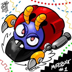 Size: 800x801 | Tagged: safe, artist:rikdraws, moto bug, abstract background, character name, charging, looking up