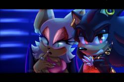 Size: 1137x750 | Tagged: safe, artist:0artbyme0, rouge the bat, shadow the hedgehog, jewelry, looking at viewer, nighttime