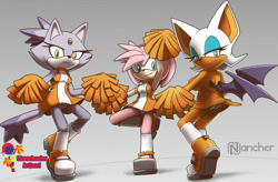 Size: 1024x672 | Tagged: suggestive, artist:nancher, amy rose, blaze the cat, rouge the bat, cheerleader outfit, looking at viewer, upskirt