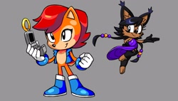 Size: 3503x1986 | Tagged: safe, artist:thepinkgalaxy, nicole the handheld, nicole the hololynx, sally acorn, nicole's purple wraps, sally's vest and boots