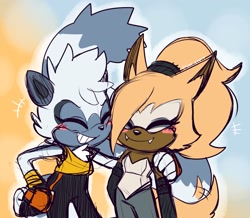 Size: 2293x2000 | Tagged: safe, artist:look dem, tangle the lemur, whisper the wolf, duo, eyes closed, females only, lesbian, shipping, smile, tangle x whisper, tangle's running suit