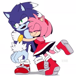 Size: 1500x1522 | Tagged: safe, artist:alyrian, amy rose, sonic the hedgehog, amy x sonic, amy's halterneck dress, duo, hugging, shipping, straight, werehog