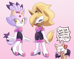 Size: 2048x1640 | Tagged: suggestive, artist:hellovivirose, blaze the cat, rouge the bat, whisper the wolf, angry, dialogue, nudity, one fang, outfit swap