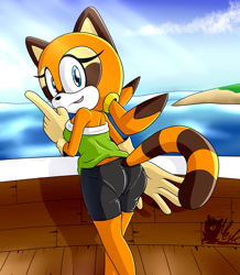 Size: 2341x2690 | Tagged: suggestive, artist:meyk, marine the raccoon, clouds, daytime, from behind, looking at viewer, looking back, ocean, solo