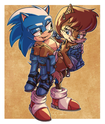 Size: 1197x1408 | Tagged: safe, artist:pesky-pincushion, sally acorn, sonic the hedgehog, carrying them, looking at each other, sonally