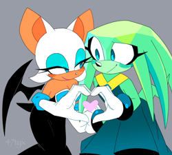 Size: 1000x900 | Tagged: safe, artist:47tyx, rouge the bat, oc, oc:emerald the echidna, echidna, heart hands, looking at each other, rouge's heart top