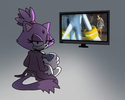 Size: 895x715 | Tagged: safe, artist:giugabs, blaze the cat, princess elise, silver the hedgehog, sonic the hedgehog (2006), from behind, gaming, looking at viewer, looking back, trolling