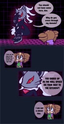 Size: 1068x2048 | Tagged: safe, artist:doemillow, infinite the jackal, oc, oc:millow doe, deer, dialogue, this will end in a boss fight