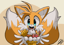 Size: 2925x2051 | Tagged: safe, artist:zer0finix, miles "tails" prower, ice cream, looking at viewer, smile, solo, tailabetes