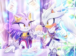Size: 1550x1144 | Tagged: safe, artist:y-firestar, blaze the cat, silver the hedgehog, daytime, holding hands, looking at each other, shipping, silvaze